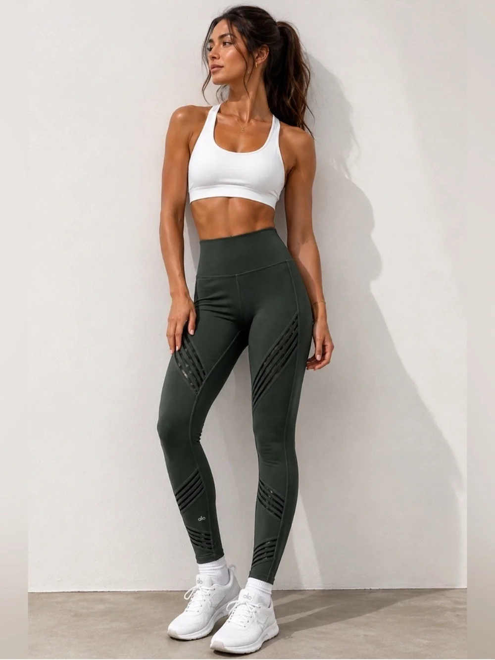Alo Yoga Multi Legging Dark Green Mesh Cut Out Stripes Stretch Size  XXS/XS